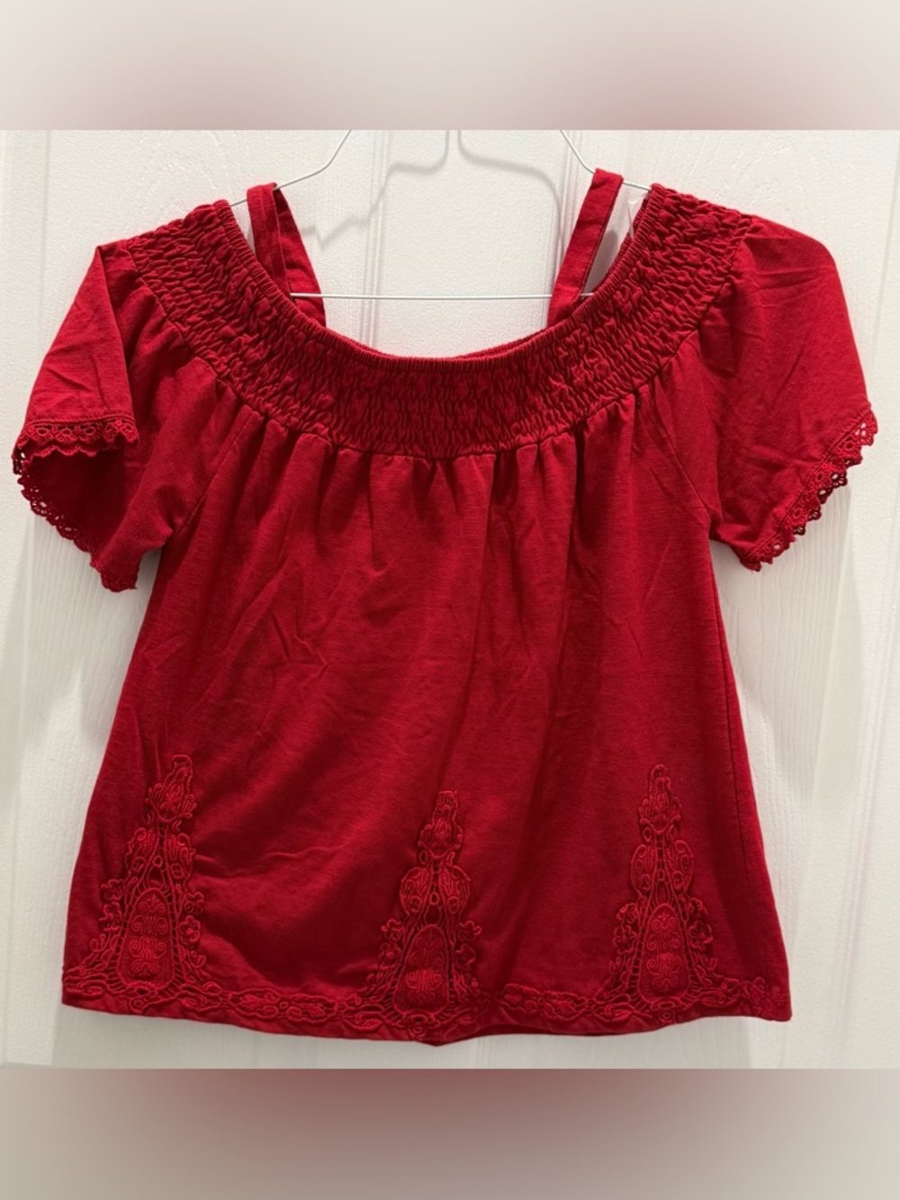 Love, Alexa, Girl’s Red Off-Shoulder Embroidered Top XL